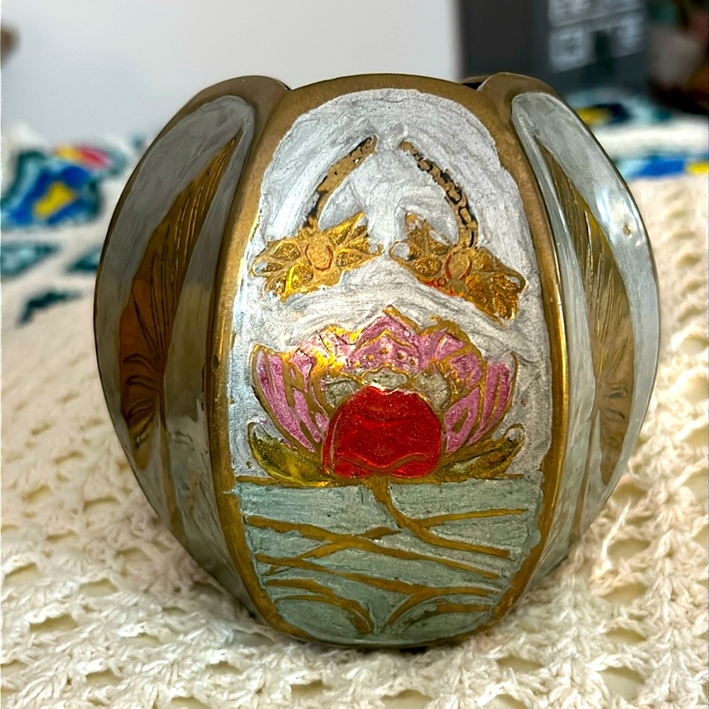 Vintage Penco Industries Inc Floral Enamel and Solid Brass Vase